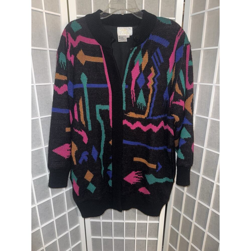 Lilly of California 1980’s Retro Vintage Colorful Knit Cardigan Sweater Size L